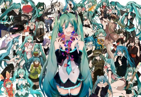 It is the day of Miku! - anime, vocaloid, twin tail, female, twintail, team, hatsune miku, green hair, group, superstar, vocloids, idol, twin tails, anime girl, twintails, hot, singer, girl, long hait, miku, diva, cute, hatsune, sexy