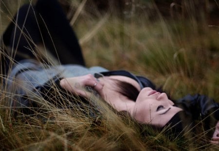 sleeping beauty - dark, lie, look, grass, model, wind