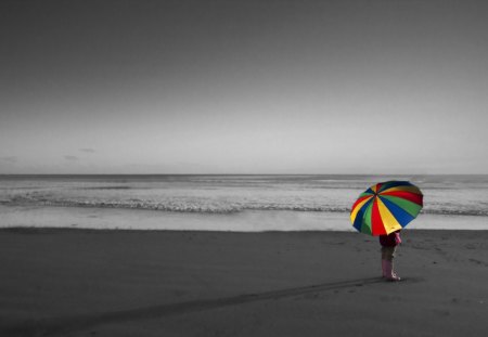 After the Rain - colorful, umbrella, sea, sand, child, sky