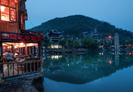 restaurant on the river in a chinese town - river, town, night, reflection, restaurant