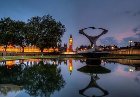 statue in a fountain near westminster palace - fountain, trees, statue, tower, palace