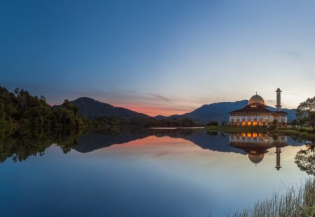 beautiful mosque on a picturesque lake - lake, forest, reflection, sunrise, mosque