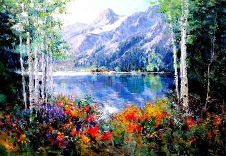 LAKE in SPRING - painting, lake, fine art, mountains, spring, eric wallis art