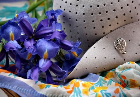 With Love (For Andonia) - blue flowers, hat, photography, for you, still life, with love, nature, blue, andonia, flowers