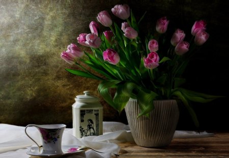 Still Life - photography, tulips, pink tulips, tea, still life, cup, nature, tulip, flowers