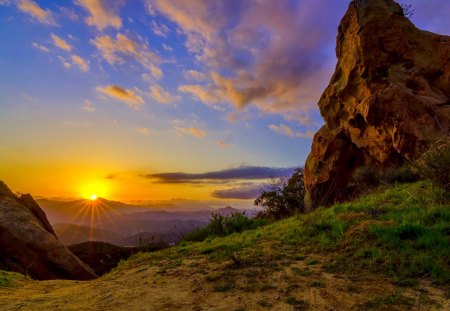 MORNING SUNBURST - hills, mountains, rocks, sunrise