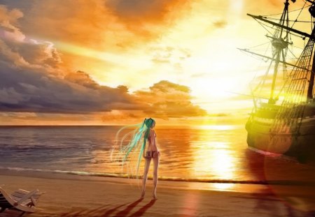 Sunset Mirage - clouds, Ocean, Bikini, Hatsune Miku, Shipwreck, Lake, sand, Miku, sunset, Pirate, Hatsune, Beach, Sea