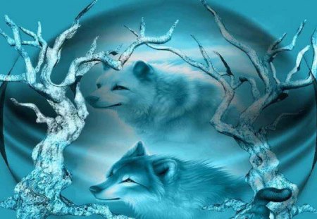 Beauty In Blue - abstract, trees, fantasy, squirrel, animals, wolves