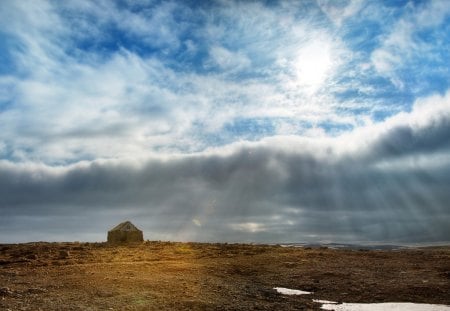 sun rays over stone cabin - stone, sky, clouds, cabin, sun rays