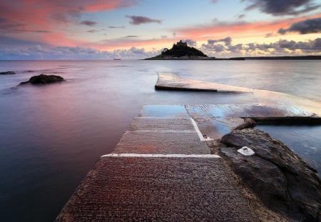 underwater pier to an island in the bay - clouds, island, bay, pier, sunset