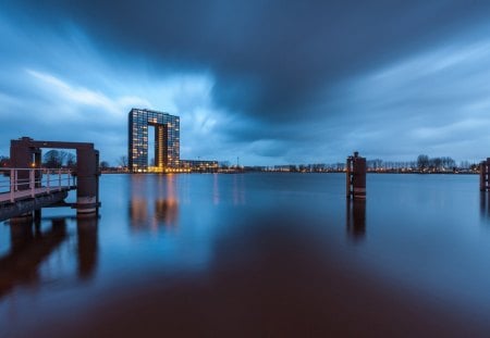 modern building reflected in the bay - dusk, lights, modern, building, reflection, bay