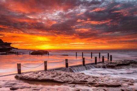 amazing sunset over ramp to sea - clouds, shore, sunset, ramp, sea, rocks