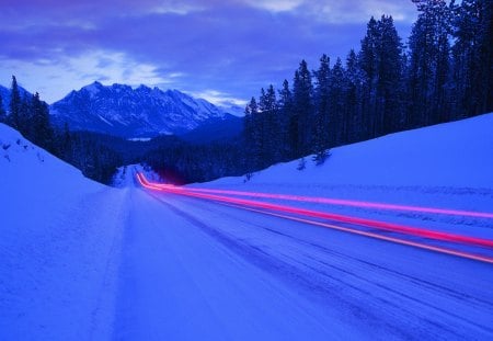 winter road in long exposure - long exposure, winter, lights, road, forest, mountain