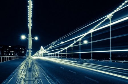 bridge at night - lights, road, bolts, night, bridge