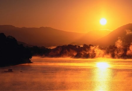 fantastic fog on lake at sunset - lake, mountains, fog, sunset