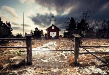 lighthouse in the off season - fence, lighthouse, gate, clouds, winter