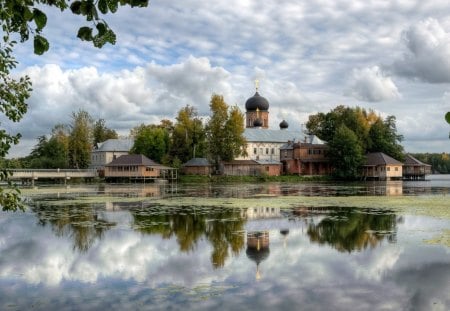 church and monastery on a lake - lake, church, bridge, monastery