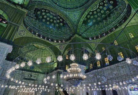 gorgeous inside of a mosque dome - paintings, windows, chandelier, chadelier, mosque, dome