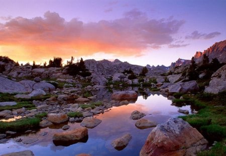 rocky stream in mountains in wyoming - mountains, streamrocks, sunset, clouds