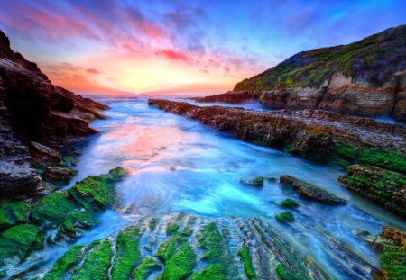 colorful rocky sea inlet hdr - colors, moss, inlet, hdr, sunset, sea, rocks