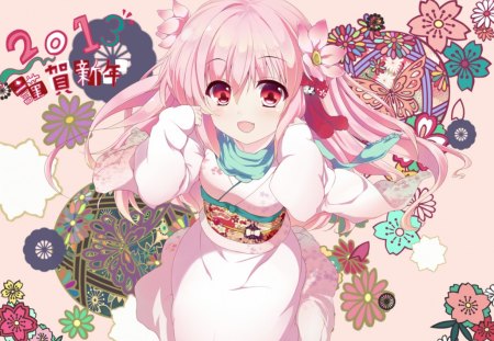 ~The Year of The Snake~ - blush, pretty, flowers, anime, snake, girl, long hair, butterflies, bow, pink hair, kimono, colorful