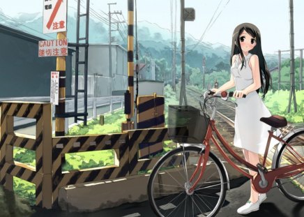 Girl riding her bike into town - bike, riding, anime, town