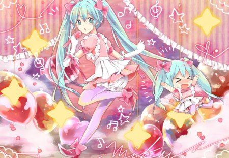 Hatsune Miku - anime, vocaloid, stage, pink bows, hatsune miku, stars, pink outfits, musical notes, balloons, cute, hearts