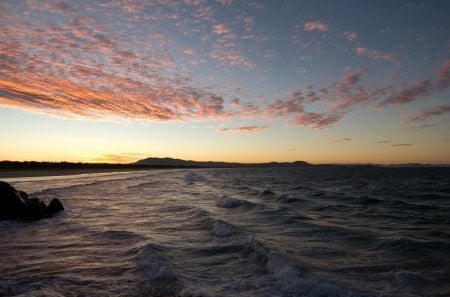 gentle sea waves at sundown - beach, sundown, sea, waves, rocks