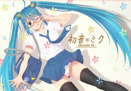 ~Vocaloid 01~ - vocaloid, anime, red glasses, blue hair, ponytails, wink, hatsune miku, long hair