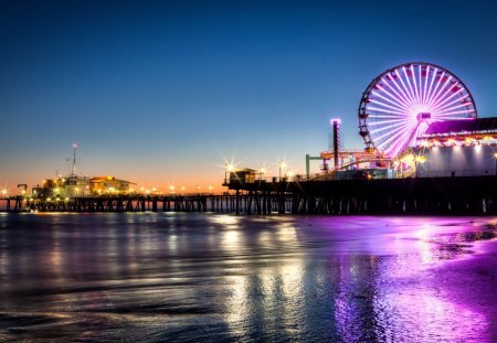 fabulous pier amusement park in evening - pier, beach, evening, sea, amusement park, lights