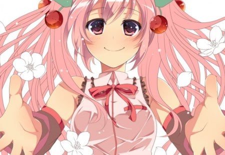 ~Flower Power~ - pink hair, sakura miku, cherries, pretty, vocaloid, petals, anime, flowers, pink eyes