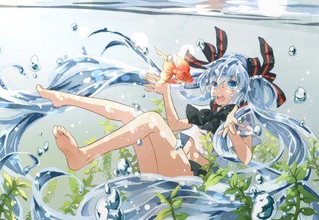 ~Bottle Miku~ - bows, hatsune miku, seaweed, blue eyes, long hair, water, barefoot, bubbles, ponytails, blue hair, navel, vocaloid, fish, anime