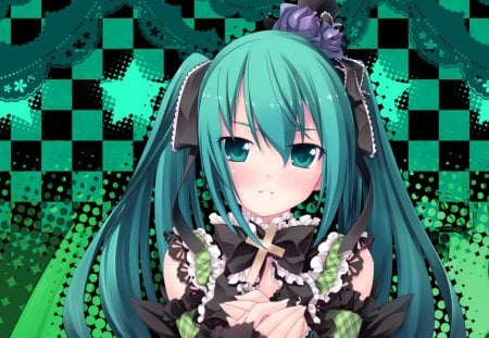 Hatsune Miku - star, anime, vocaloid, female, hatsune miku, green eyes, green hair, long hair, abstract, anime girl, checkers, twintails, hot, girl, miku, cute, hatsune, cross, sexy, vocaloids