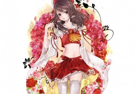 Hakurei Reimu - roses, hot, anime girl, elegant, white, petals, reimu, sexy, skirt, long hair, hakurei reimu, floral, beautiful, sweet, dress, nice, beauty, female, simple, rose, brown hair, gorgeous, touhou, pretty, anime, blouse, cute, girl, lovely, red, plain, blossom, flower