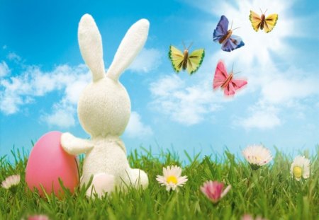 Easter Bunny - clouds, rabbit, butterflies, easter egg, spring, grass, easter, flowers, daisies, egg, sun