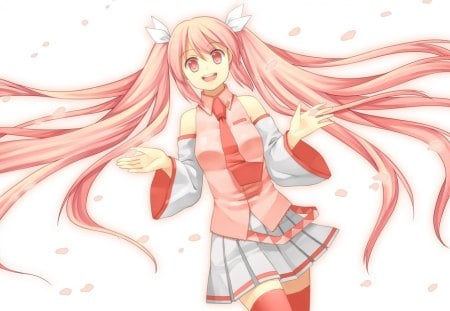 ~Pink Eyes~ - vocaloid, petals, anime, long hair, pink hair, sakura miku, pink eyes, ponytails