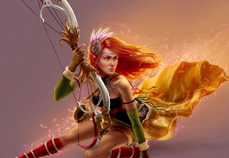 RED HEAD ARCHER - art, girl, bow, background, petals, posture, archer