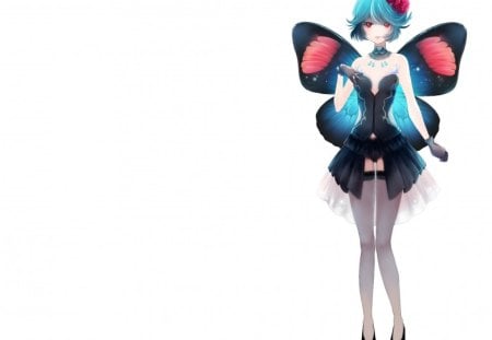 Lil' Miss Butterfly - pretty, anime, female, wing, dress, blue hair, plain, nice, shot hair, gown, anime girl, hot, girl, simple, lovely, sweet, red eyes, black, white, wings, fairy, butterfly, cute, sexy