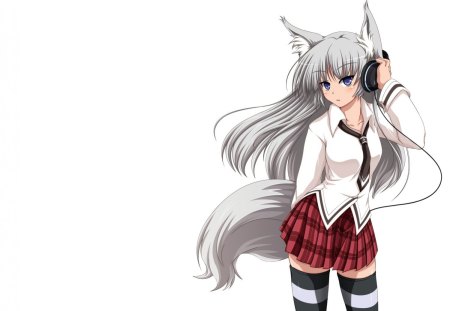 MusicBeat - neko mimi, female, hot, simple, anime girl, nekomimi, white, anime, blouse, silver hair, cute, tail, neko, sexy, skirt, girl, long hair, school uniform, ears, headphones, plain, uniform, kitsune, white hair