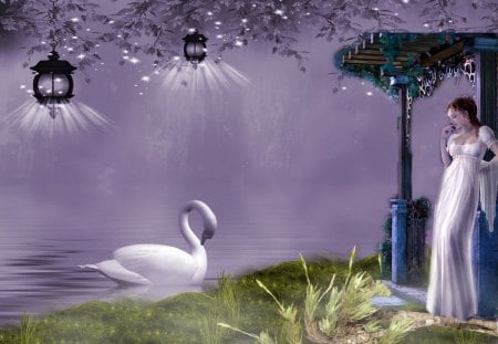 Her Secret Admirer - white, swan, purple, fantasy