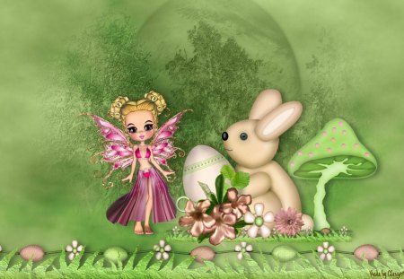 Easter Bunny Meets Fairy - flowers, easter, fantasy, fairy, spring, bunny