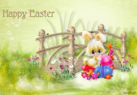 Easter Bunny On His Way - yellow, blue, spring, pink, bunny, easter, flowers, holiday, purple, green, cute