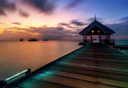 Sunset - beauty, beautiful, ocean, peaceful, sky, reflection, clouds, view, lovely, splendor, pier, gazebo, sunset, sea, nature, colors