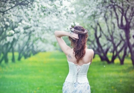 Moment like this - back, trees, girl, hair, mood, grass, model