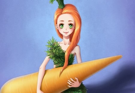 Carrot - pretty, anime, kawaii, female, carrot, food, green eyes, long hair, plain, nice, vegetables, anime girl, hot, girl, simple, lovely, sweet, cute, sexy, orange hair