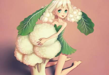 CauliFlower - pretty, cauliflower, anime, kawaii, female, food, white hair, short hair, plain, nice, vegetables, anime girl, hot, girl, simple, lovely, sweet, white, green, cute, sexy