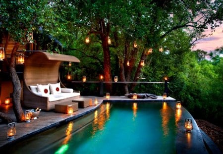 Peaceful Place - swimming pool, beauty, sky, trees, sofa, paradise, peaceful, sunset, amazing, view, lanterns, evening, clouds, romance, lamp, tree, resort, soft, light, night, summer, lovely, nature, relaxing, woods, forest, romantic, lamps, beautiful, splendor, pool, lights