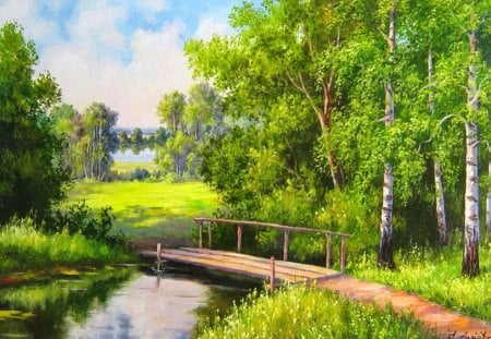 Footbridge in birch forest - pretty, summer, creek, landscape, stream, grass, forest, reflection, view, nice, sky, greenery, trees, water, beautiful, lovely, river, birch, nature, painting, bridge