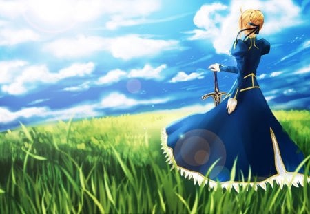 Fate Stay Field - hot, knight, field, view, blond hair, blonde hair, cutee, grass, sexy, scenic, long hair, fate stay night, sweet, dress, nice, saber, sky, female, blond, animee girl, armor, blade, pretty, cloud, green, lue, anime, sword, excalibur, scene, girl, braids, gown, lovely, blue, weapon, scenery, blonde