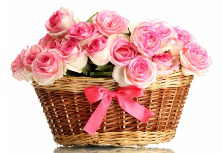 With Love - beauty, love, pink roses, roses, for you, basket, rose, lovely, with love, nature, bow, pretty, beautiful, ribbon, flowers